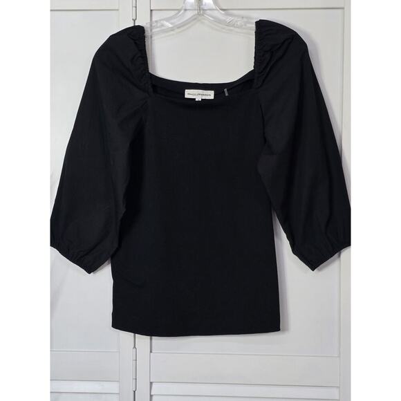 White + Warren Square Neck Poplin Tee Puff Sleeve Top in Jet Black Size Small - Picture 2 of 5